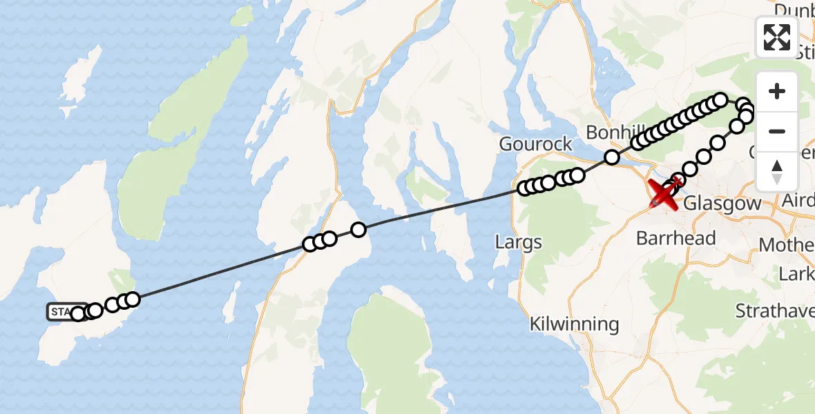 Flight path map showing Air Ambulance Aircraft route from Glenegedale to Glasgow Airport