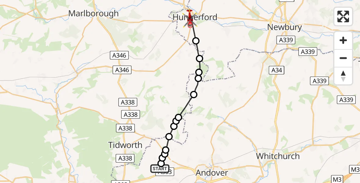 Flight path map showing Air Ambulance Helicopter route from Thruxton Aerodrome to Hungerford