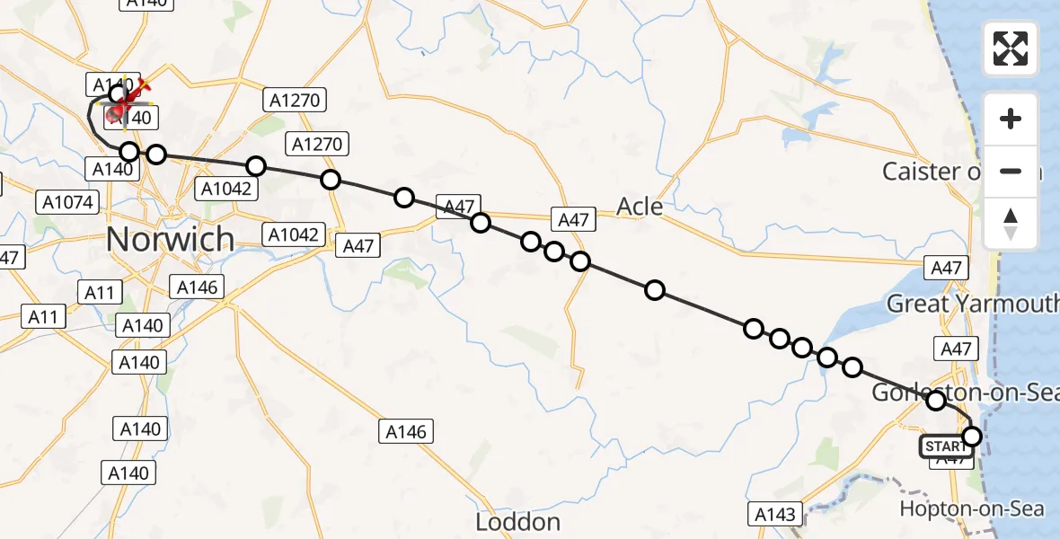 Flight path map showing Air Ambulance Helicopter route from James Paget Hospital to Norwich Airport