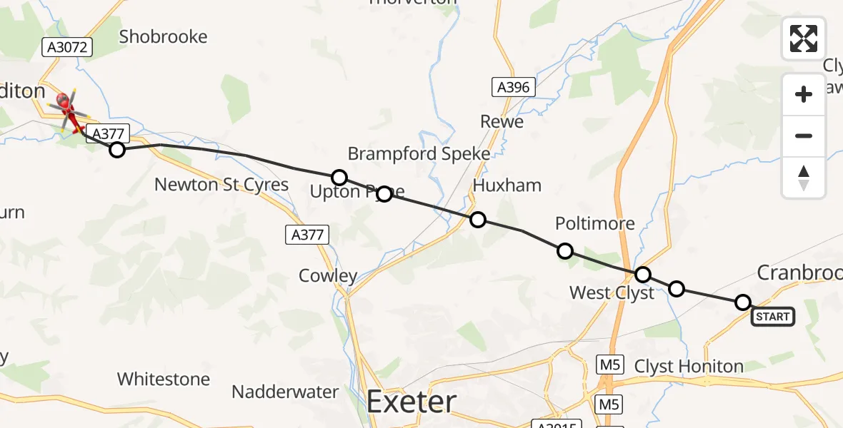 Flight path map showing Air Ambulance Helicopter route from Clyst Honiton to Mid Devon