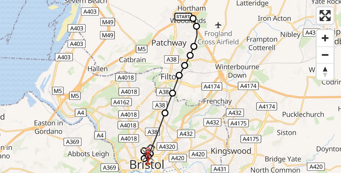 Flight path map showing Air Ambulance Helicopter route from Almondsbury Helicopter Base to Bristol Royal Infirmary