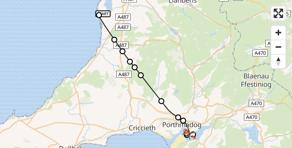 Flight path map showing Coastguard Helicopter route from Caernarfon Airport to Porthmadog
