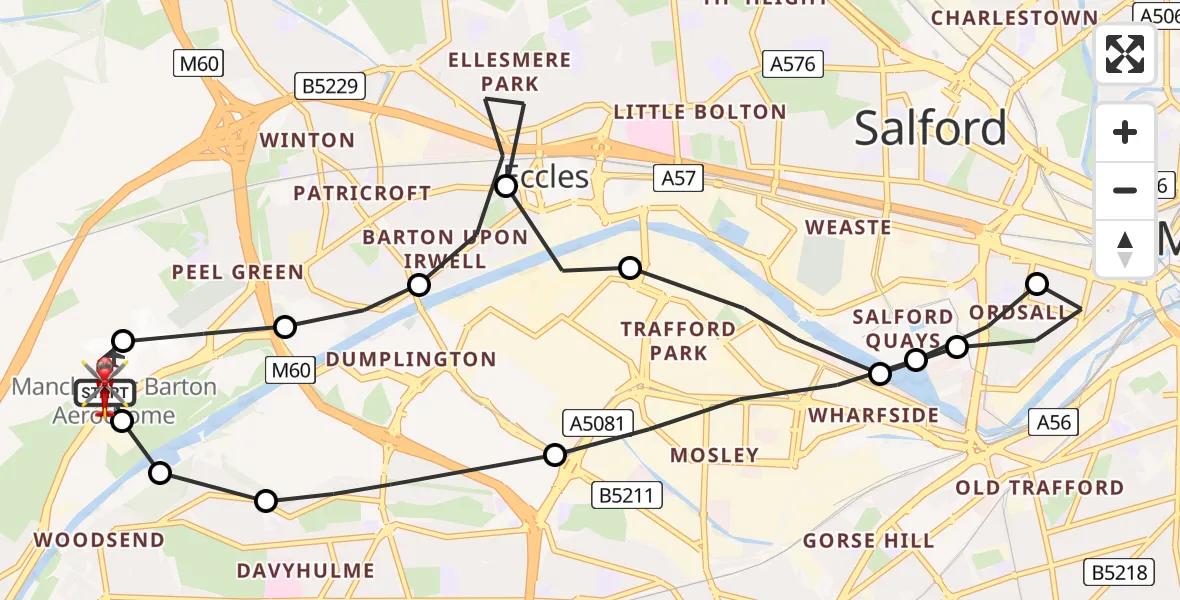 Flight path map showing Air Ambulance Helicopter route from Manchester Barton Aerodrome to Manchester Barton Aerodrome