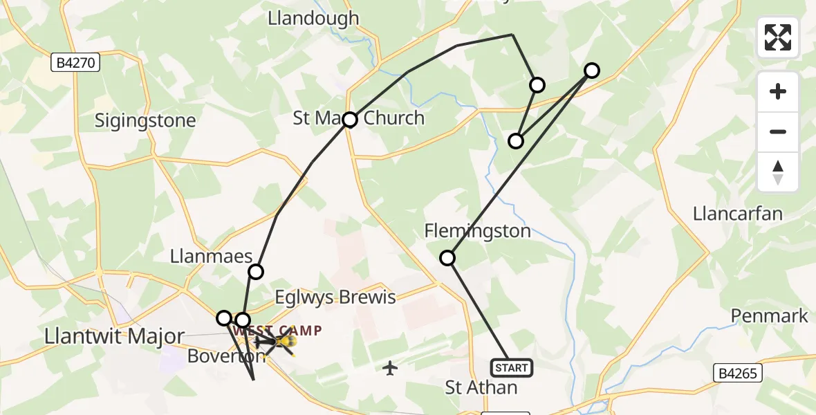 Flight path map showing Police Helicopter route from St Athan to Boverton
