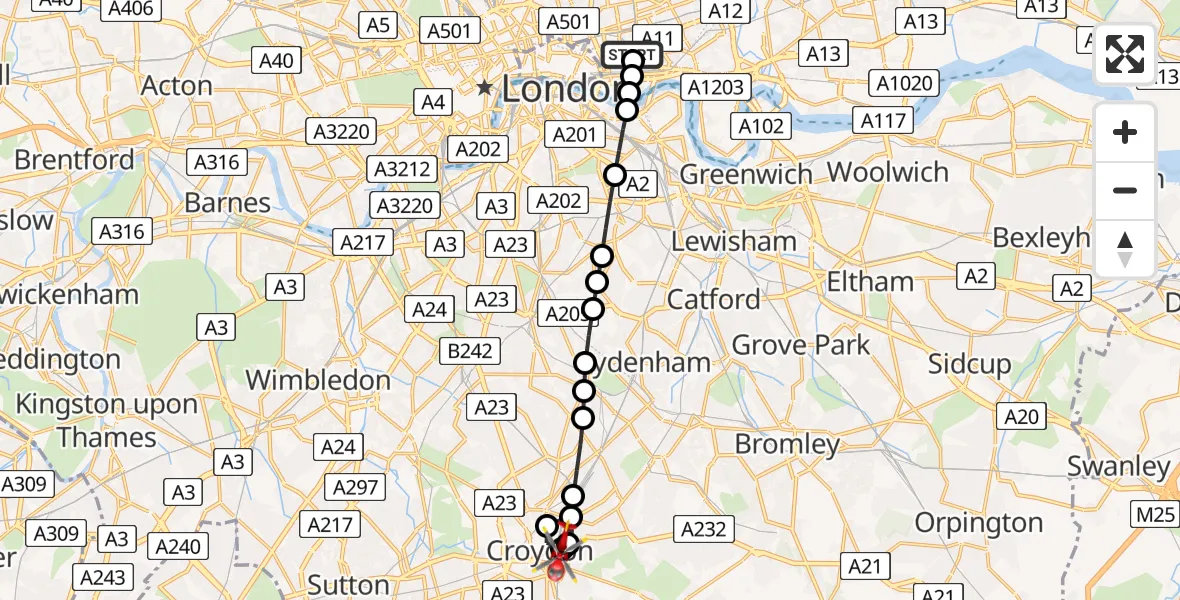 Flight path map showing Air Ambulance Helicopter route from Royal London Hospital to Croydon