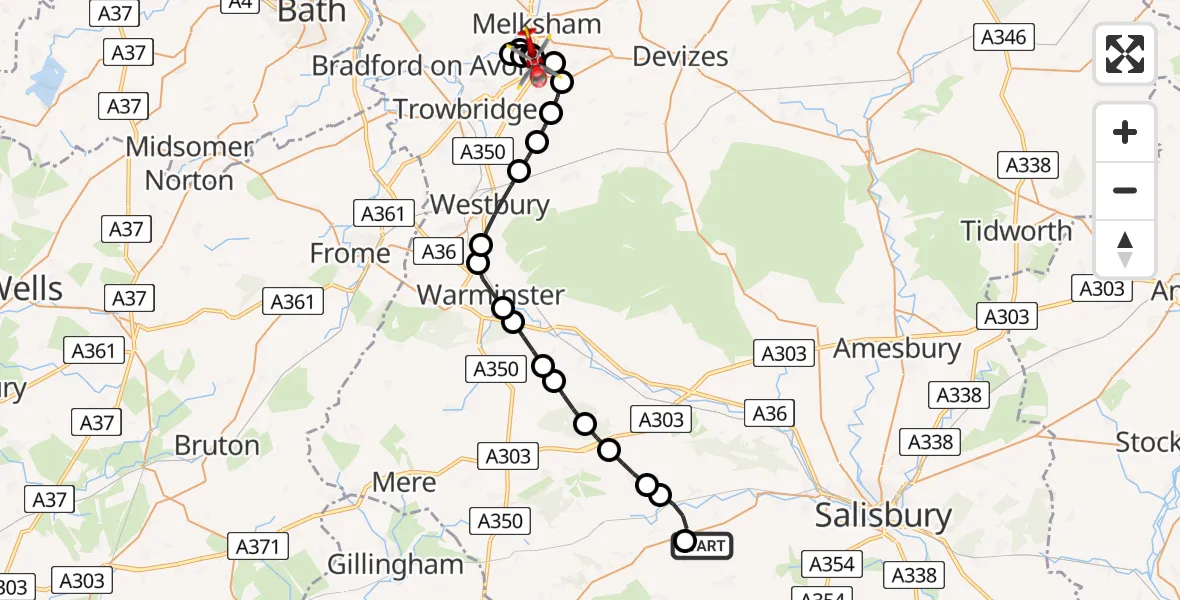 Routekaart van de vlucht: Air Ambulance Helicopter to Wiltshire Air Ambulance