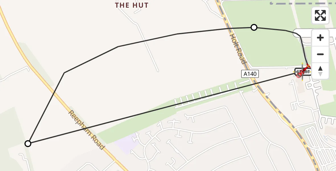 Flight path map showing Air Ambulance Helicopter route from Norwich Airport to Norwich Airport
