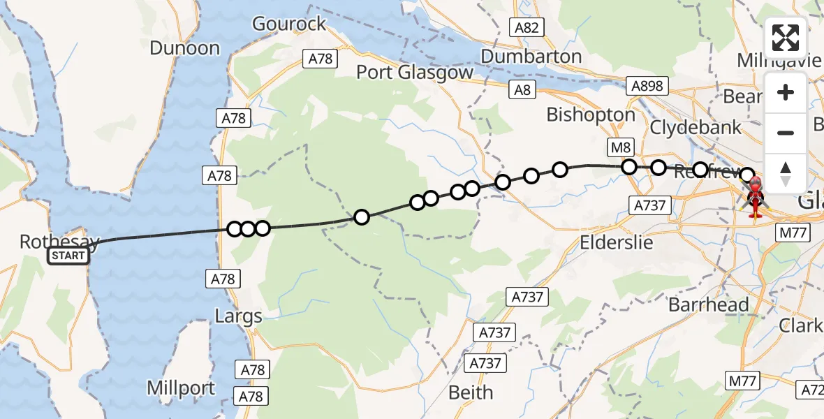 Flight path map showing Air Ambulance Helicopter route from Inner Seas to Queen Elizabeth Hospital