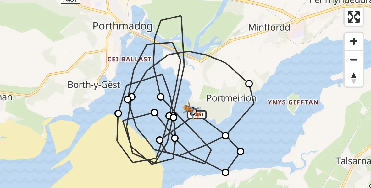 Flight path map showing Coastguard Helicopter route from Porthmadog to Porthmadog
