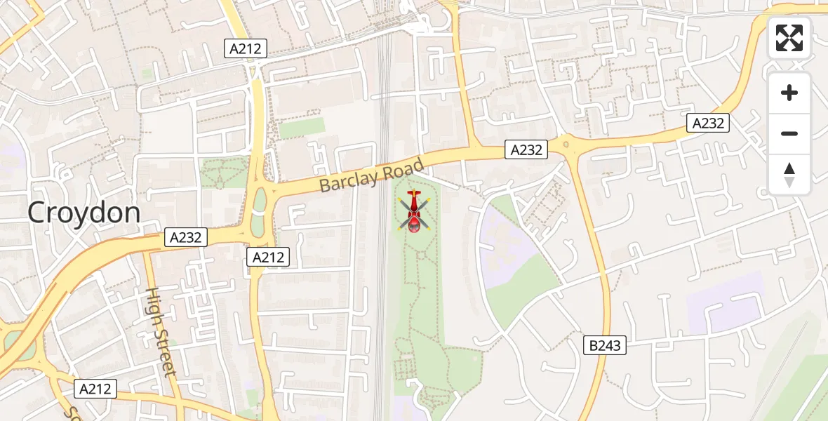 Flight path map showing Air Ambulance Helicopter route from Addiscombe to Addiscombe