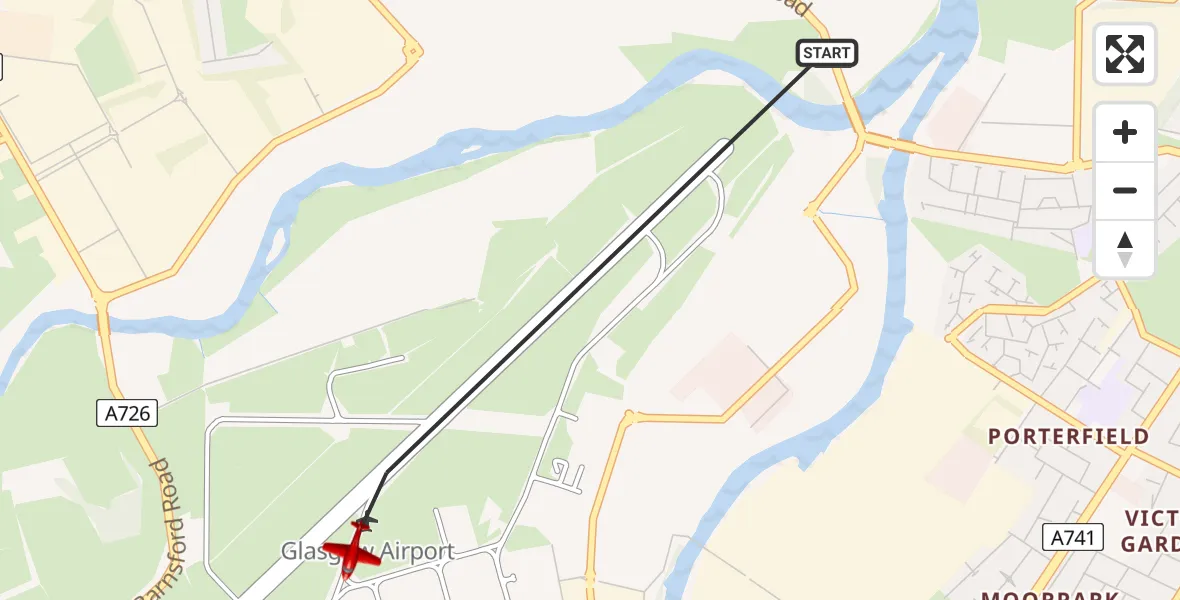 Flight path map showing Air Ambulance Aircraft route from Glasgow Airport to Glasgow Airport