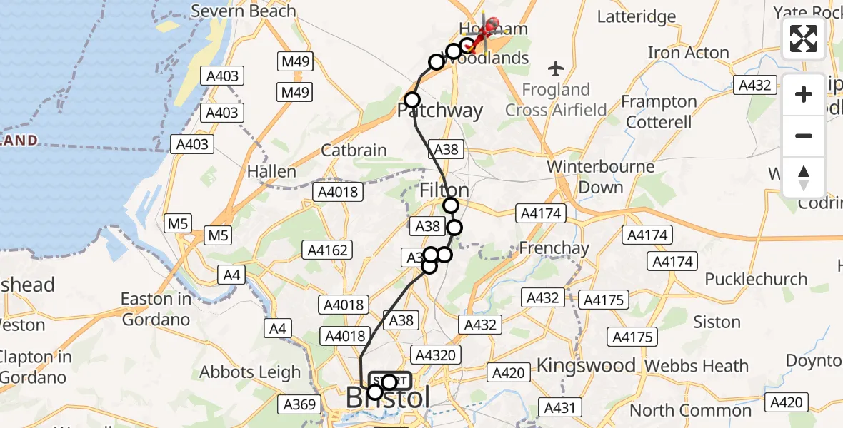 Flight path map showing Air Ambulance Helicopter route from Bristol Royal Infirmary to Bristol