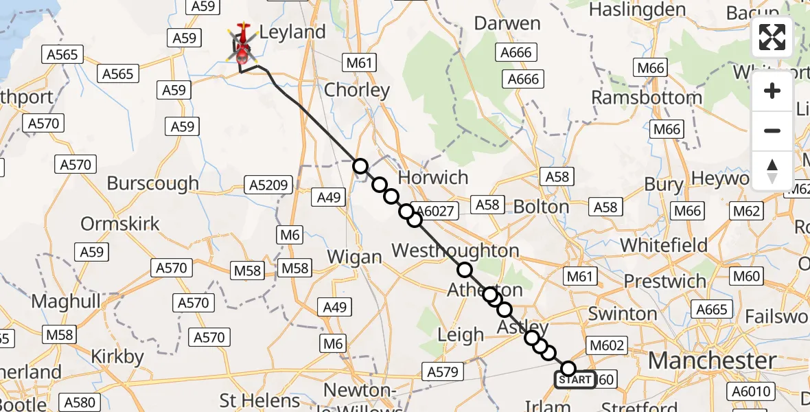 Flight path map showing Air Ambulance Helicopter route from Manchester Barton Aerodrome to Chorley