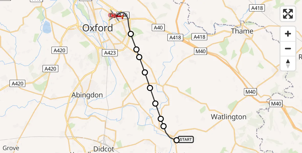 Flight path map showing Air Ambulance Helicopter route from RAF Benson to Oxford