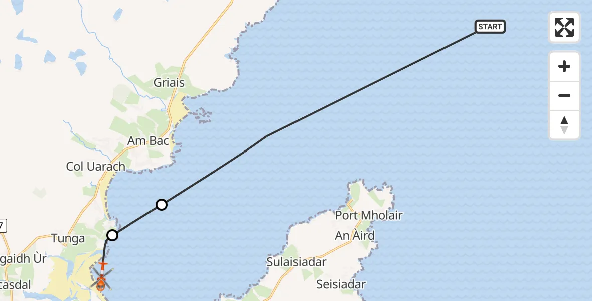 Flight path map showing Coastguard Helicopter route from Inner Seas to Àird Thunga