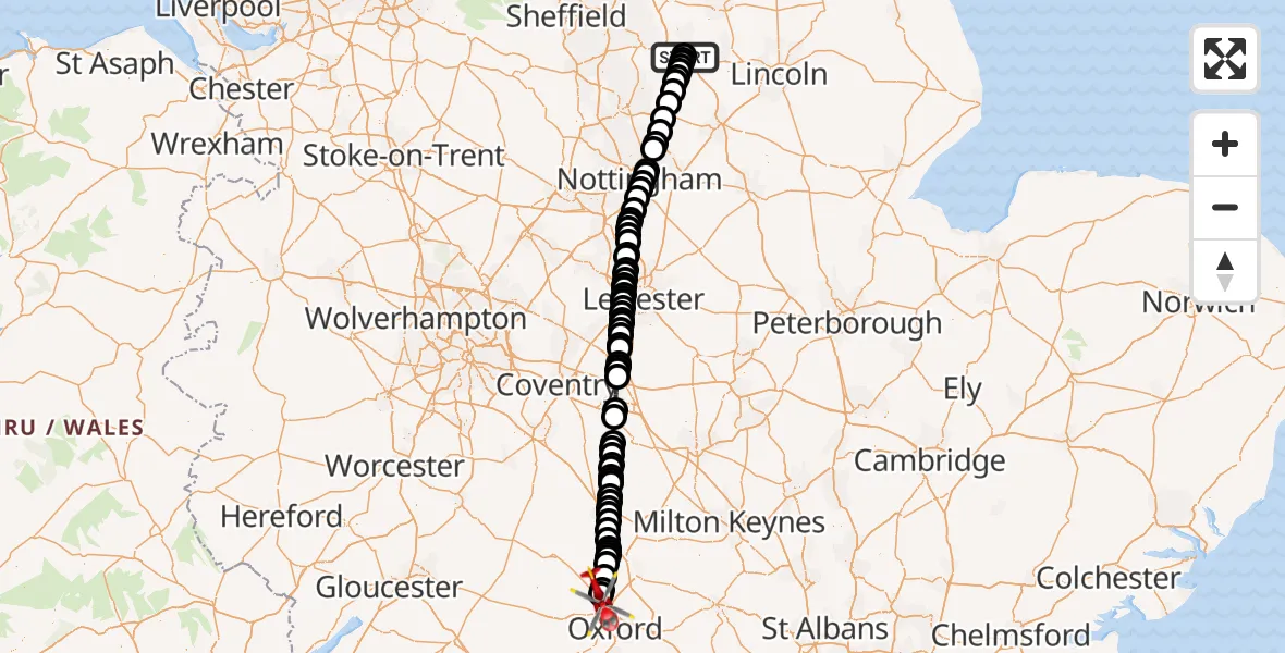 Flight path map showing Air Ambulance Helicopter route from Retford Gamston Airport to London Oxford Airport