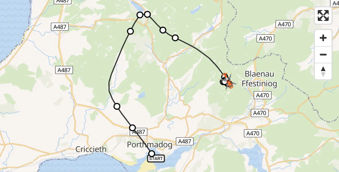 Flight path map showing Coastguard Helicopter route from Talsarnau to Llanfrothen