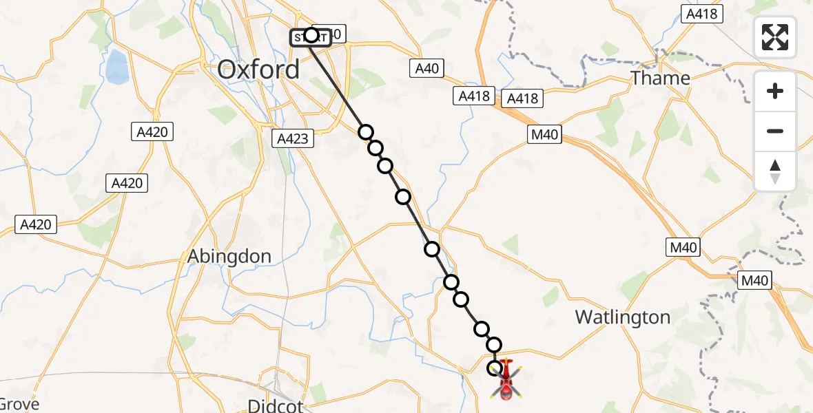 Flight path map showing Air Ambulance Helicopter route from John Radcliffe Hospital to RAF Benson