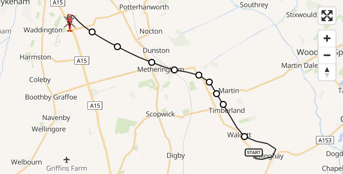 Flight path map showing Air Ambulance Helicopter route from Billinghay to North Kesteven