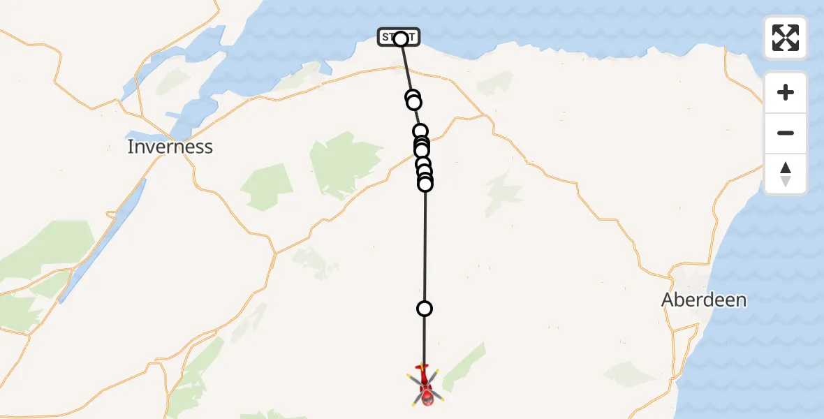 Flight path map showing Air Ambulance Helicopter route from RAF Lossiemouth to Aberdeenshire