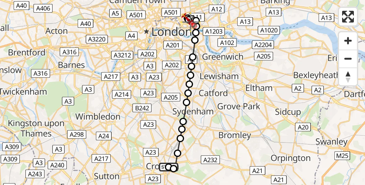 Flight path map showing Air Ambulance Helicopter route from Addiscombe to Royal London Hospital