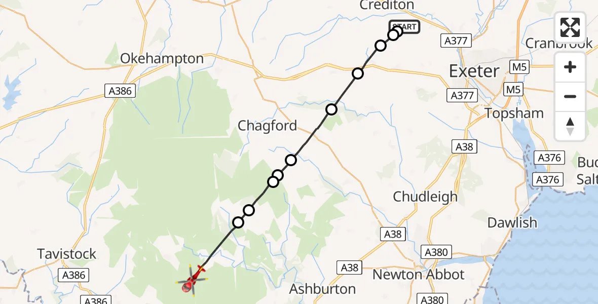 Flight path map showing Air Ambulance Helicopter route from Mid Devon to West Devon
