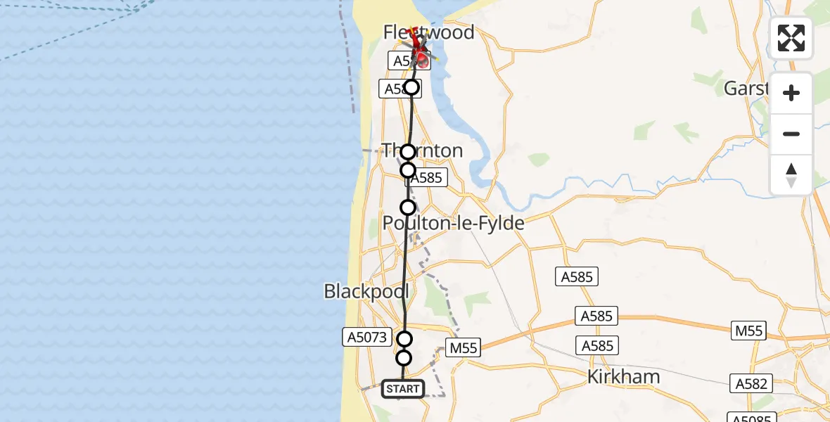 Flight path map showing Air Ambulance Helicopter route from Common Edge to Fleetwood