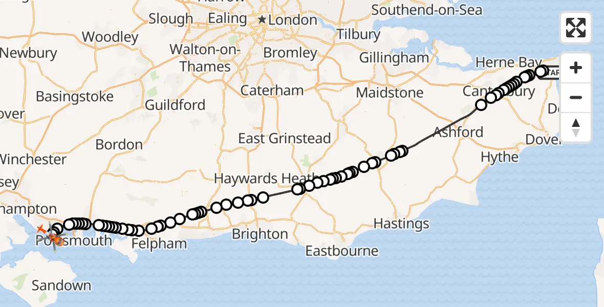 Flight path map showing Coastguard Helicopter route from Manston Airport to Solent Airport