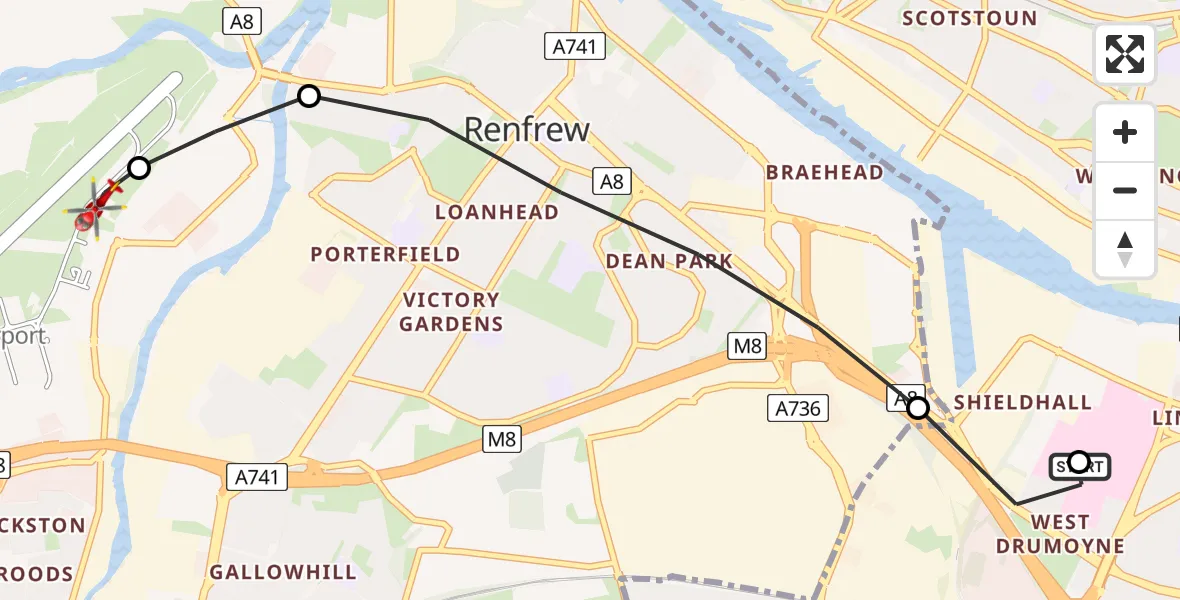 Flight path map showing Air Ambulance Helicopter route from Queen Elizabeth Hospital to Glasgow Airport