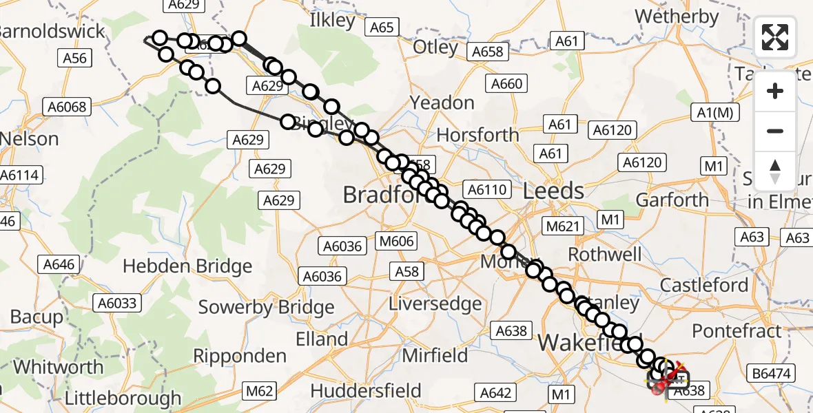 Flight path map showing Air Ambulance Helicopter route from YAA Nostell Helicopter Port to YAA Nostell Helicopter Port