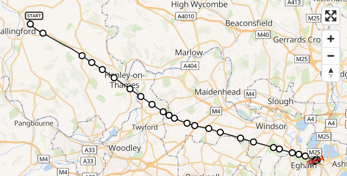 Flight path map showing Air Ambulance Helicopter route from RAF Benson to Hythe End