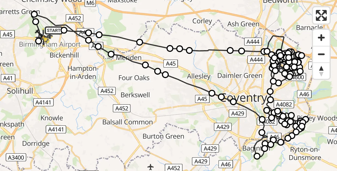 Flight path map showing Police Helicopter route from Birmingham Airport to Birmingham Airport
