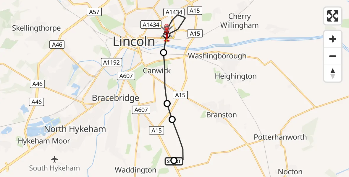Flight path map showing Air Ambulance Helicopter route from RAF Waddington to Lincoln
