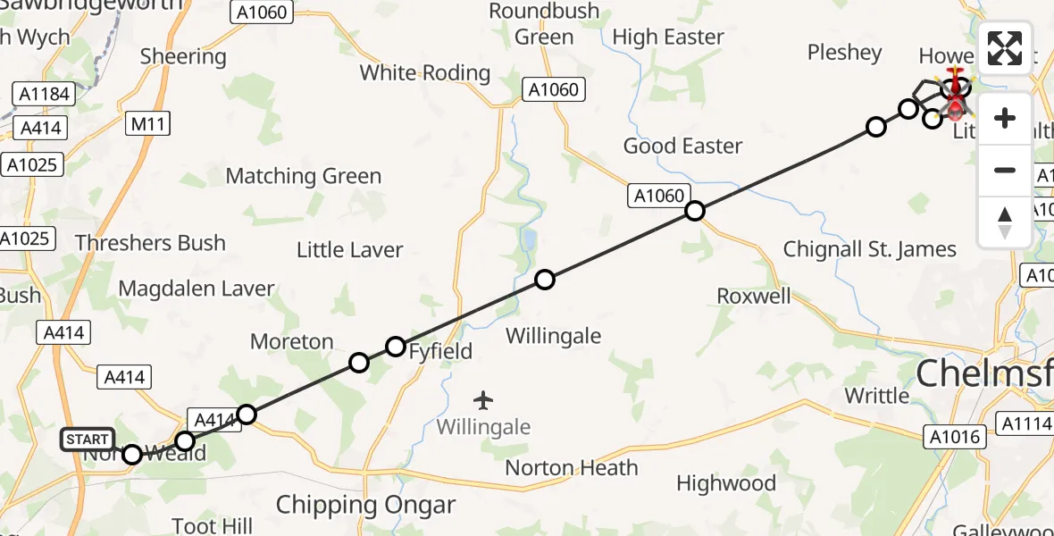 Flight path map showing Air Ambulance Helicopter route from North Weald Airfield to Great Waltham