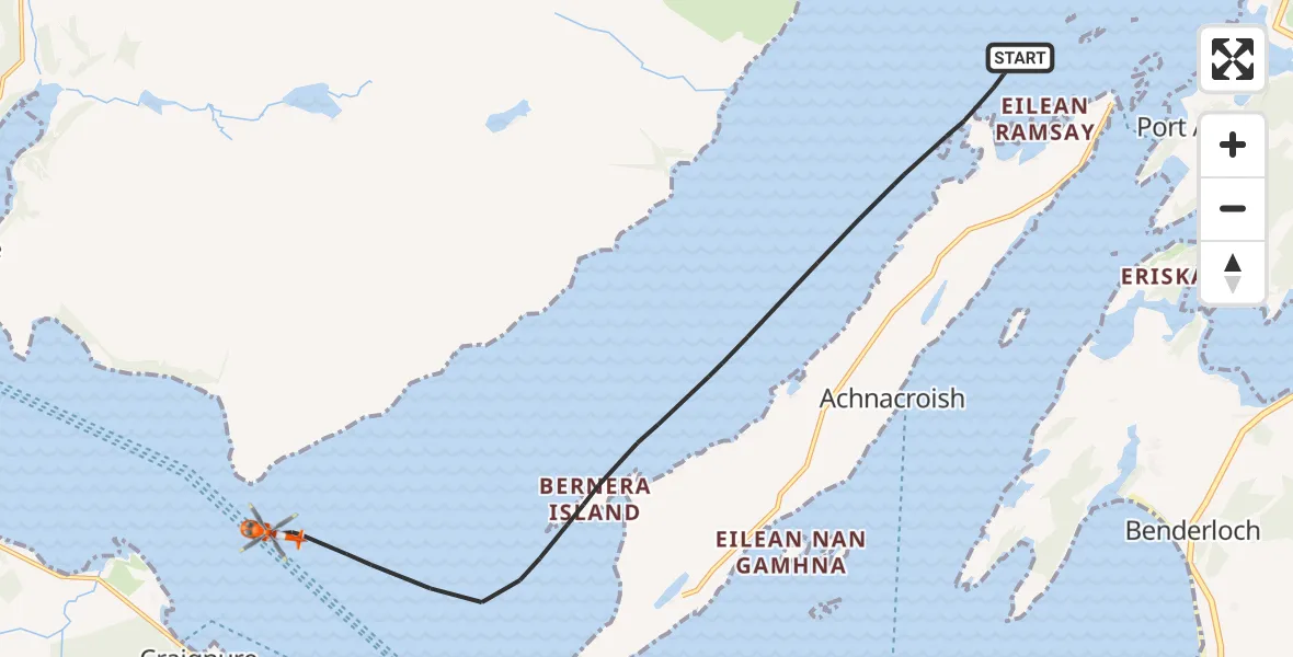 Flight path map showing Coastguard Helicopter route from Inner Seas to Inner Seas