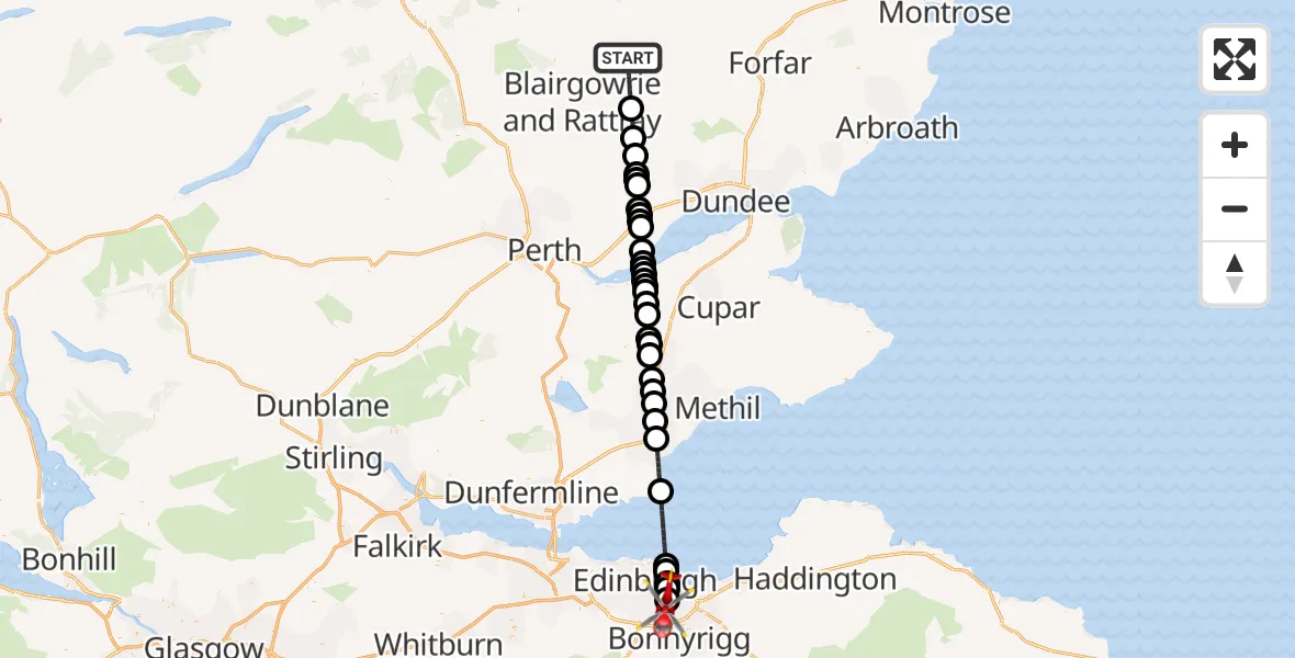 Flight path map showing Air Ambulance Helicopter route from Alyth to Moredun