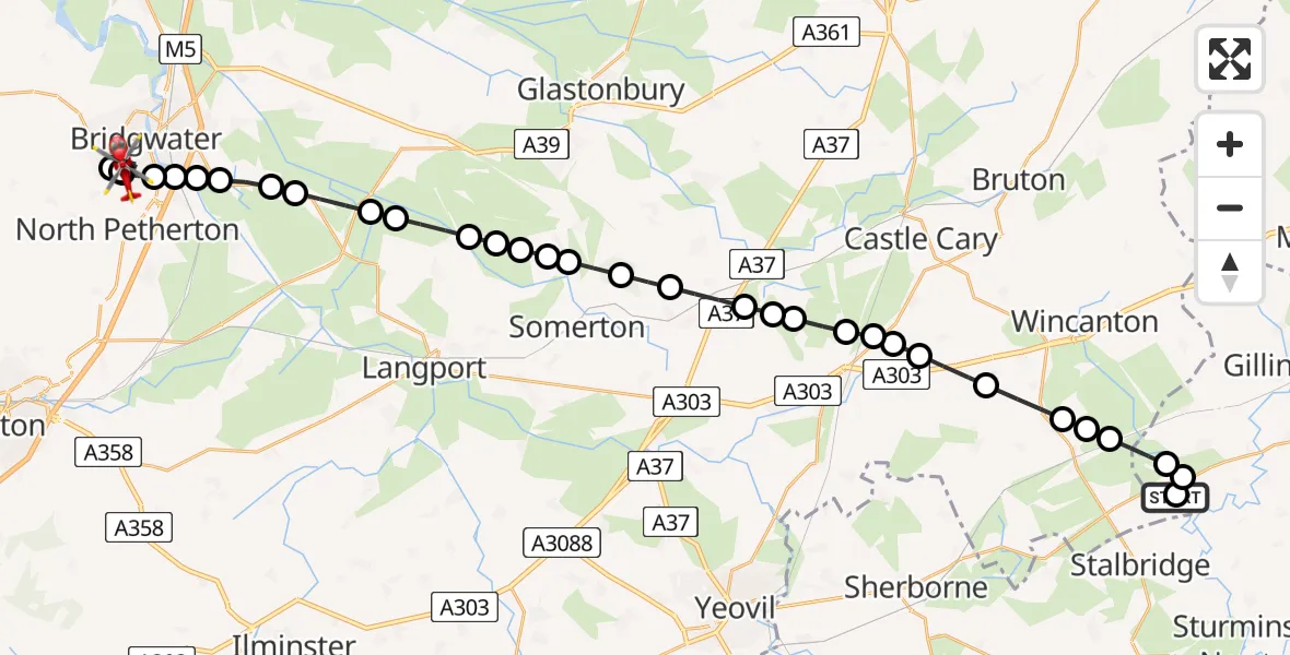 Flight path map showing Air Ambulance Helicopter route from Henstridge Airfield to North Petherton