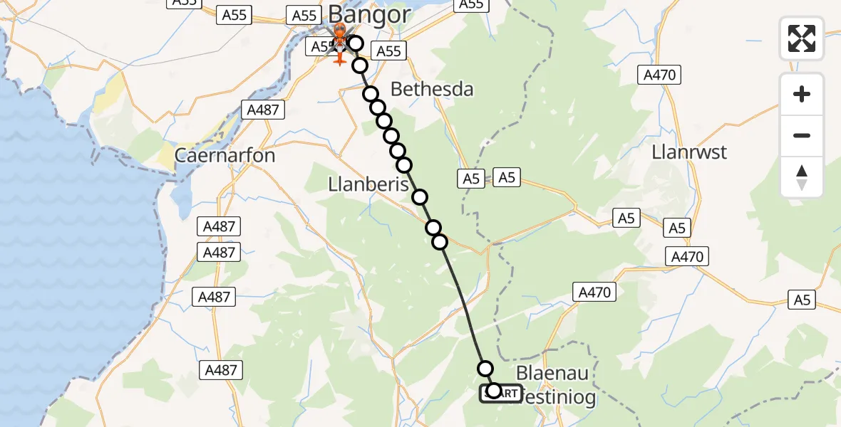 Flight path map showing Coastguard Helicopter route from Ffestiniog to Ysbyty Gwynedd Hospital Heliport