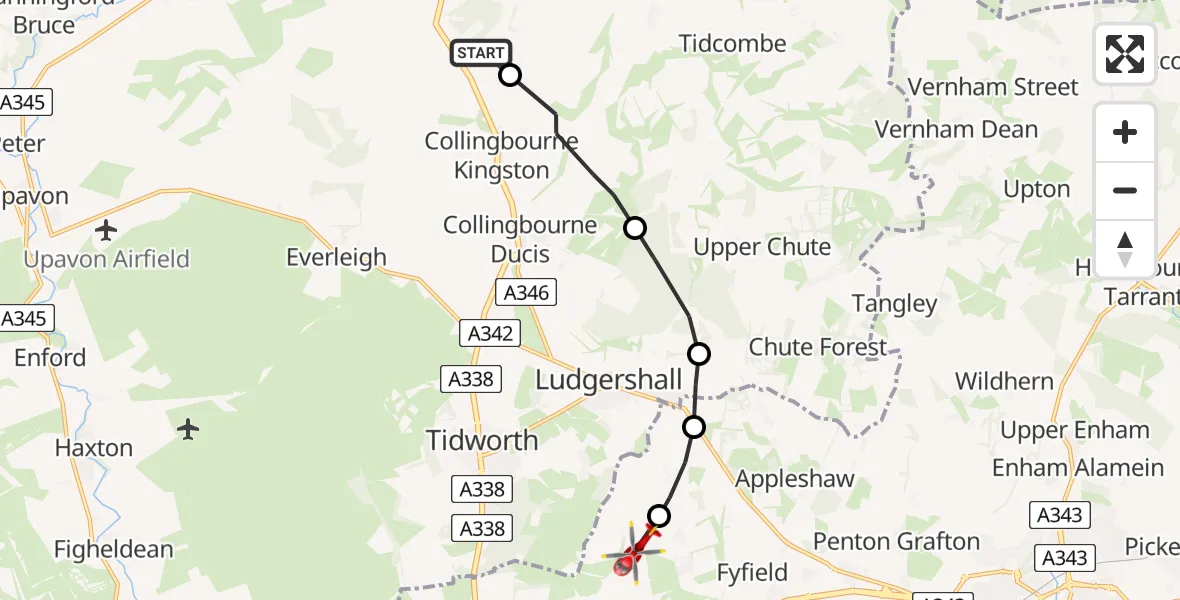 Flight path map showing Air Ambulance Helicopter route from Burbage to Kimpton