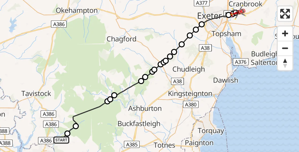 Flight path map showing Air Ambulance Helicopter route from Shaugh Prior to Exeter International Airport