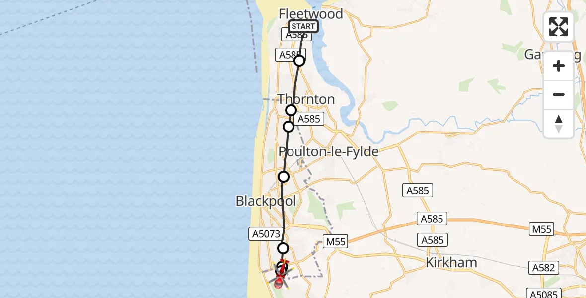 Flight path map showing Air Ambulance Helicopter route from Fleetwood to Blackpool Airport