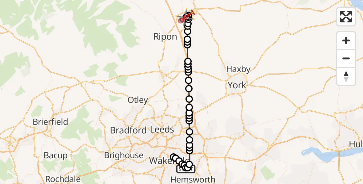Flight path map showing Air Ambulance Helicopter route from YAA Nostell Helicopter Port to RAF Topcliffe
