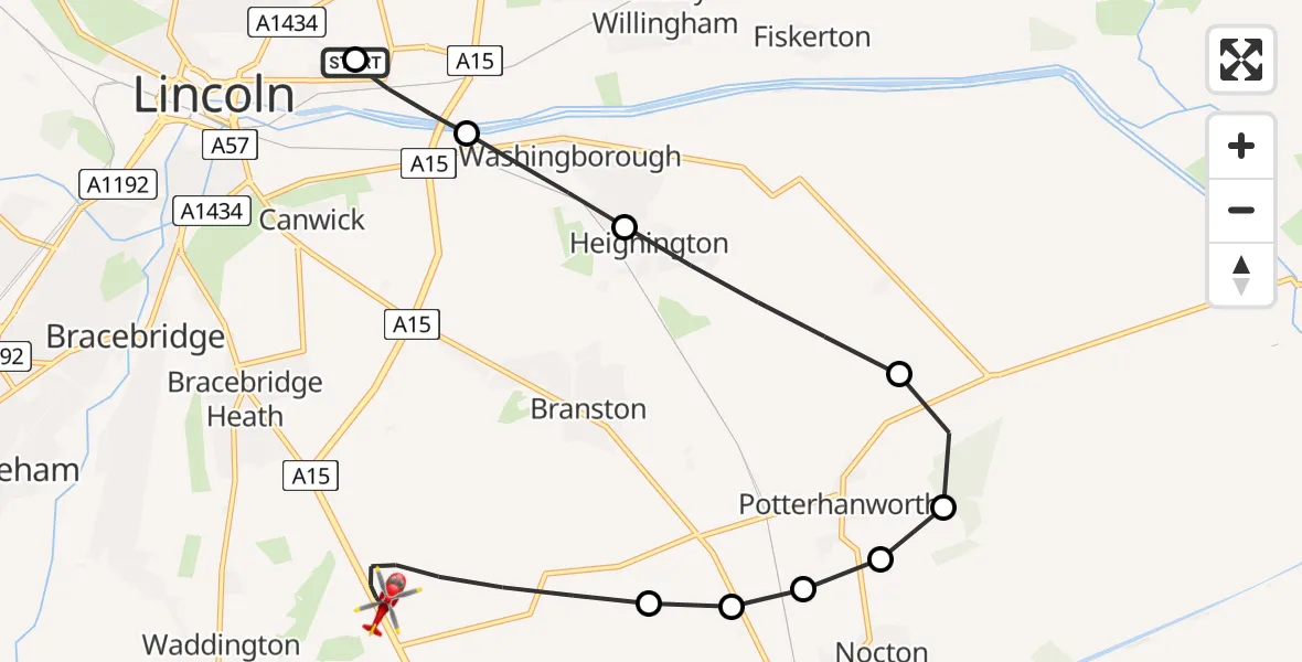 Flight path map showing Air Ambulance Helicopter route from Lincoln County Trauma Unit to North Kesteven