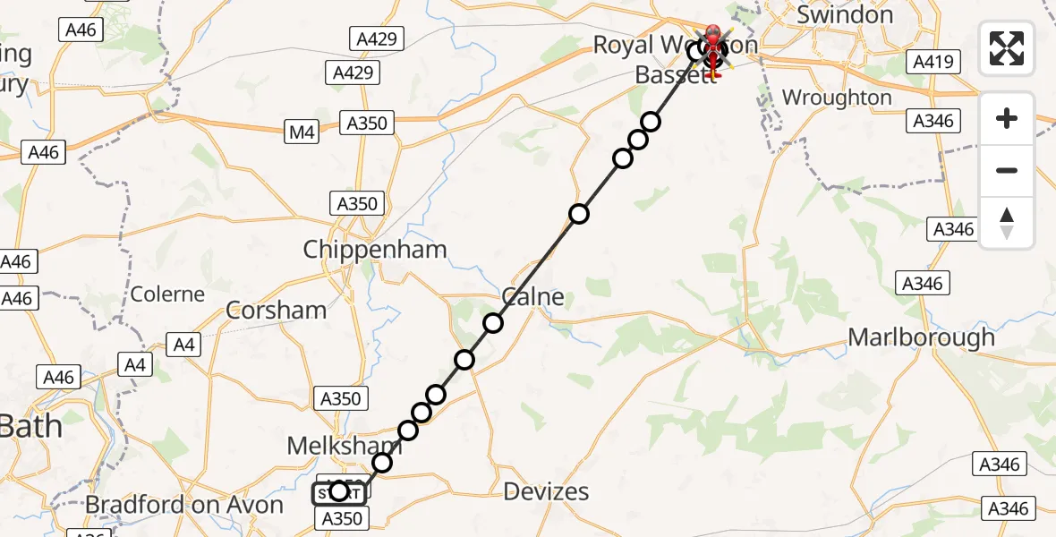 Flight path map showing Air Ambulance Helicopter route from Wiltshire Air Ambulance to Swindon