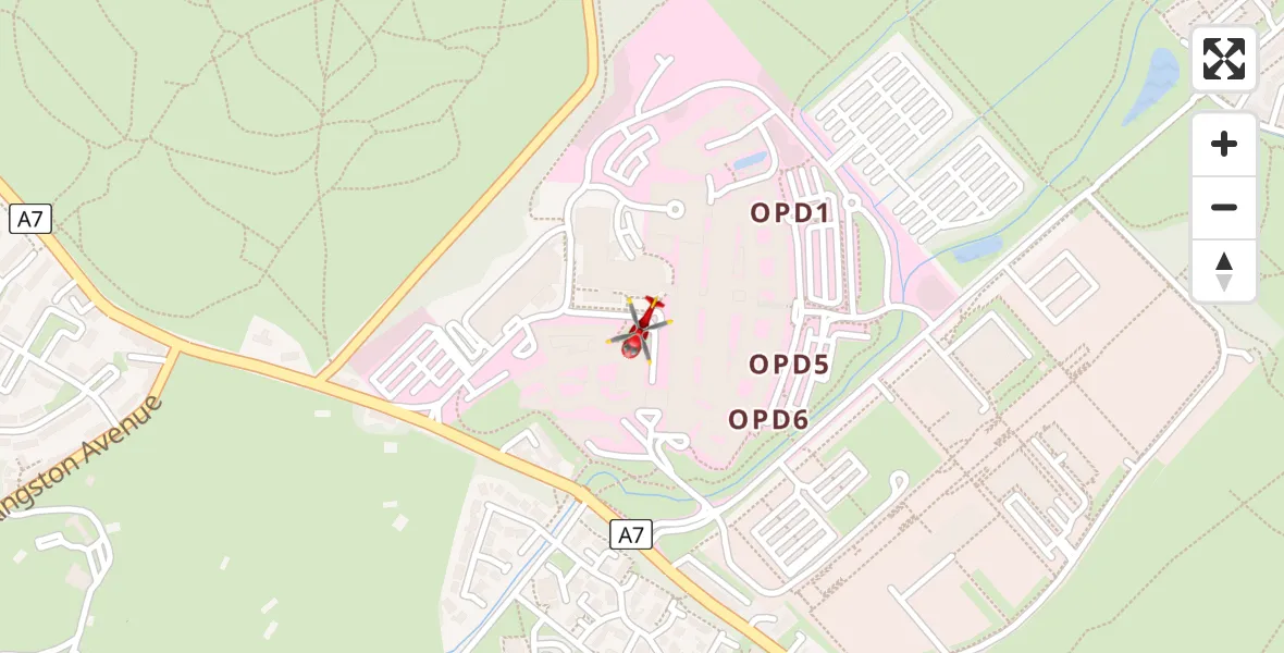 Flight path map showing Air Ambulance Helicopter route from RIE Rooftop to RIE Rooftop