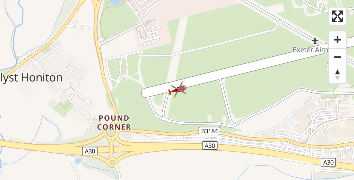 Flight path map showing Air Ambulance Helicopter route from Exeter International Airport to Exeter International Airport