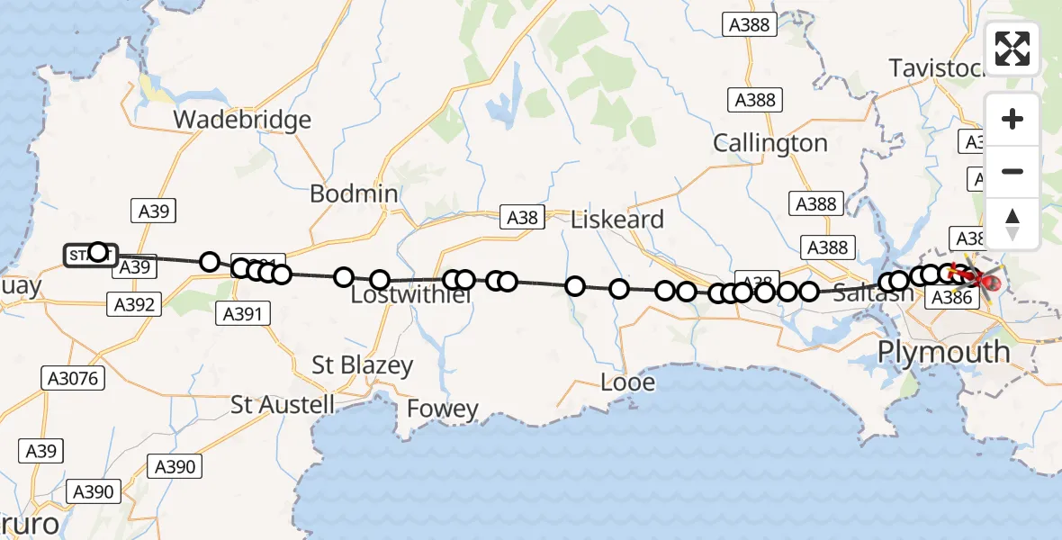 Flight path map showing Air Ambulance Helicopter route from Cornwall Airport Newquay to Derriford Hospital