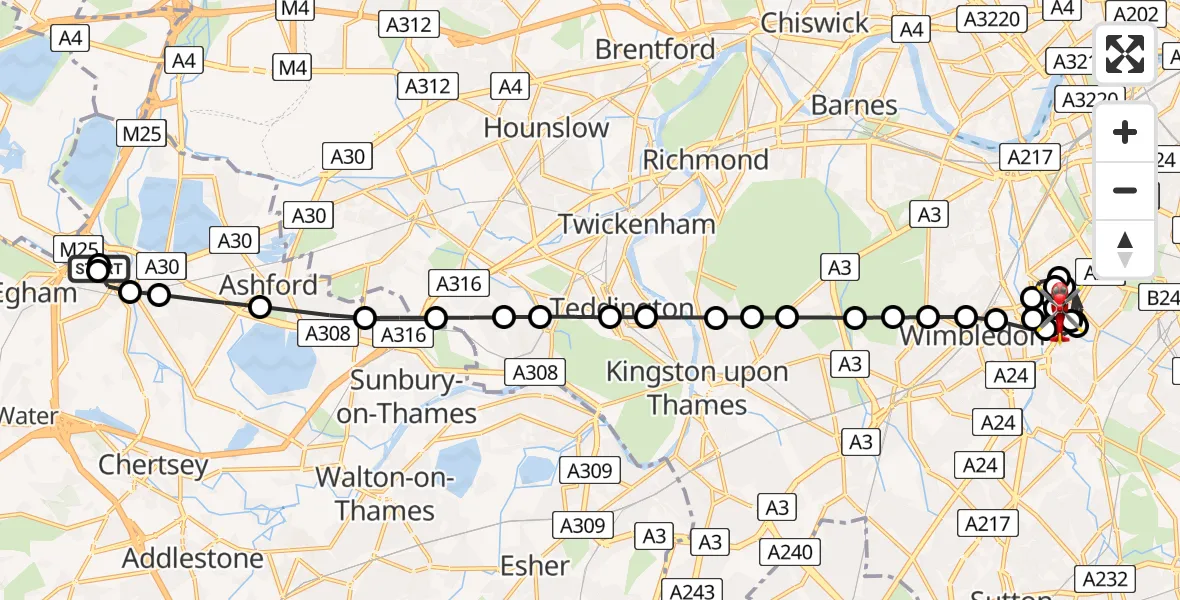 Flight path map showing Air Ambulance Helicopter route from Staines-upon-Thames to St Georges Hospital