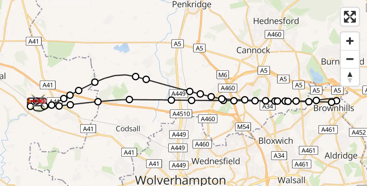 Flight path map showing Air Ambulance Helicopter route from RAF Cosford to Cosford