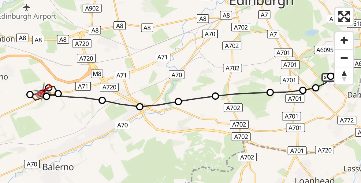 Flight path map showing Air Ambulance Helicopter route from RIE Rooftop to Addiston Mains Farm Heliport